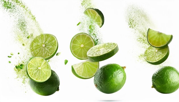 collage of falling limes on white background