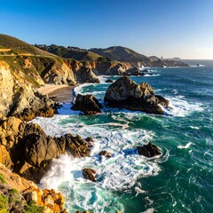 Coastal scene showcasing rugged cliffs, sandy beaches, and foamy waves under a bright sky