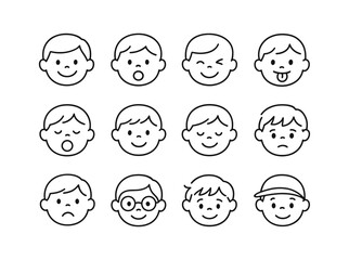Cute kids' emoji faces display various expressions in minimalistic black line style