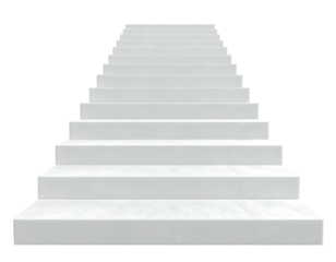 A stark white staircase ascends against a black backdrop, isolated, minimal