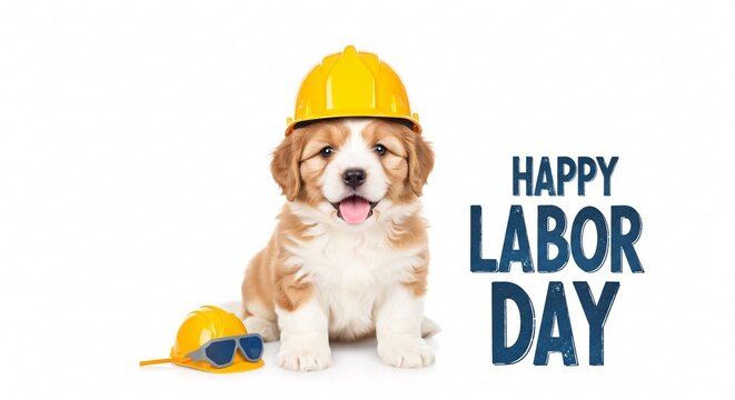 A charming cute pet puppy celebrating labor day with a yellow construction hard hat and safety glasses, isolated on white background