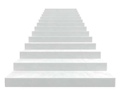 A stark white staircase ascends against a black backdrop, isolated, minimal