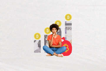 Template sketch trend artwork collage of young lady sit minded bitcoin trade analyzing goal business graphics currency investment earnings