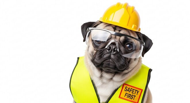 Celebrating labor day with a funny cute pet pug wearing a safety helmet and vest, a work safety concept isolated on white background