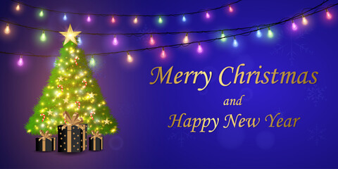Christmas tree with lights and gifts on blue background