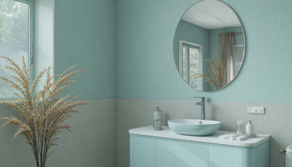 Fototapeta premium Modern bathroom with round mirror and sleek sink in serene blue color scheme, complemented by natural light and decorative plants, creates calming atmosphere