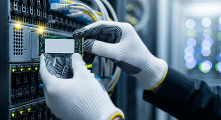 Closeup of hands wearing white gloves carefully installing a component into a server rack, highlighting it infrastructure and data center maintenance