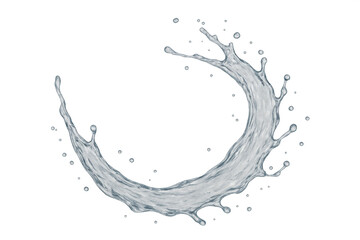 Water splash liquid motion forming a dynamic circle design with droplets, transparent background element