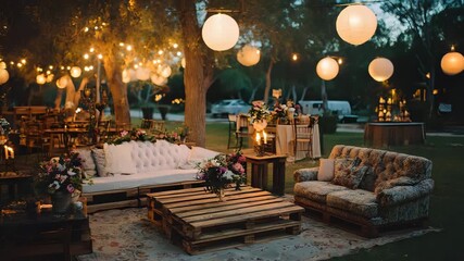 Outdoor evening party decor with glowing paper lanterns, vintage furniture, wooden pallets and floral runners in cozy atmosphere