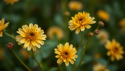 Golden Blooms: A vibrant close-up capturing the intricate details and rich colors of yellow daisy-like flowers in full bloom, set against a soft, natural green backdrop.