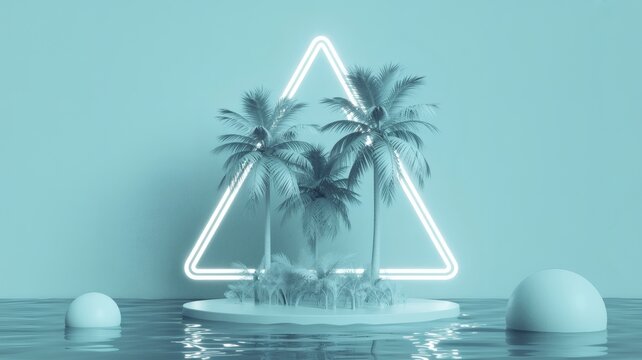 A minimalist 3D rendering of a tropical island with palm trees on a circular podium and a glowing neon triangle