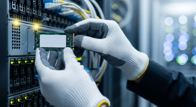 Closeup of hands wearing white gloves carefully installing a component into a server rack, highlighting it infrastructure and data center maintenance
