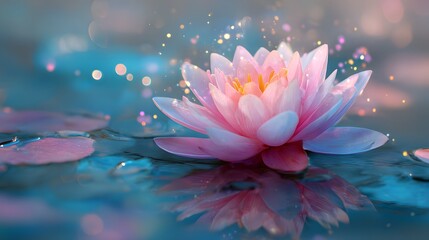 Pink lotus flower floats on tranquil water with sparkling lights.