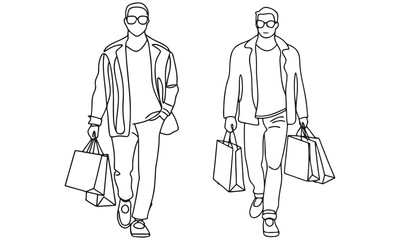 Stylish line drawings of men carrying shopping bags, representing urban lifestyle and modern fashion shopping scenes. Perfect for retail branding, e-commerce visuals, advertising .