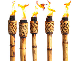 Five bamboo torches with flickering orange flames, isolated on a transparent background