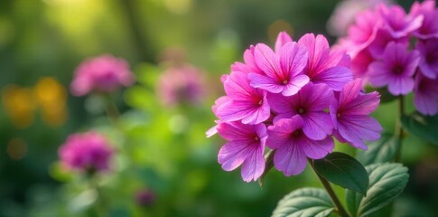 Fototapeta premium Close up of vibrant pink flowers with soft green bokeh background blooming