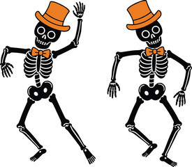Halloween dancing skeleton characters, spooky skeleton illustration design, playful skeleton vector artwork, festive Halloween decoration, cad drawing flat vector illustration