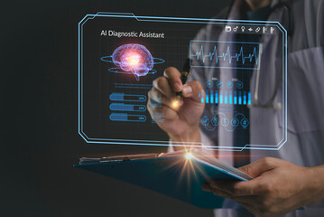 Doctor hand use virtual screen AI diagnostic assistant. Medical technology healthcare, brain scan data analysis. Future hospital innovation, EKG monitoring, patient chart report concept.