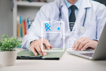 Medical prescription technology concept. Doctor check patient record, digital EHR. Virtual screen online pharmacy service. Healthcare innovation, future medicine, appointment, data.