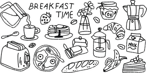 Hand Drawn Doodle Illustration of Breakfast Food and Drinks with Text Breakfast Time vector