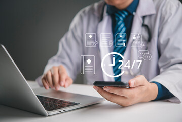 Medical healthcare technology 24/7 support. Doctor virtual screen, online consultation. Telemedicine digital health, patient record, smartphone app. Future hospital service, remote care.