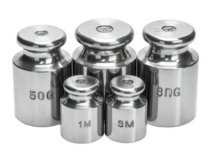 Shiny, precision weights of varying sizes, labeled, in a group
