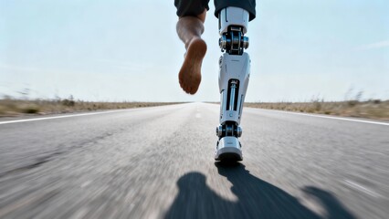 A close-up of a figure with one robotic foot and one normal human foot stepping onto the road.