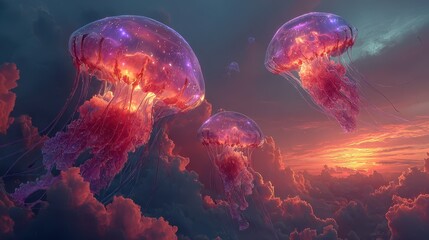 Naklejka premium Colorful jellyfish floating in vibrant clouds. AI generate