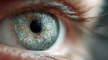 Human eye with digital pattern on iris - concept of uniqueness, identity, biometric identification, global control