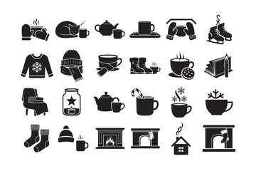 24 Winter Cozy Silhouette Vector Bundle. Hot Cocoa, Fireplace, and Holiday Mug Collection
