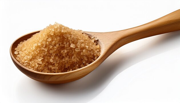 brown sugar crystals in wooden spoon on white background