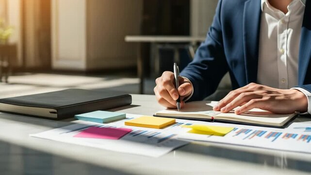 A person in a blue suit reviews reports and makes notes, with sticky notes on the table