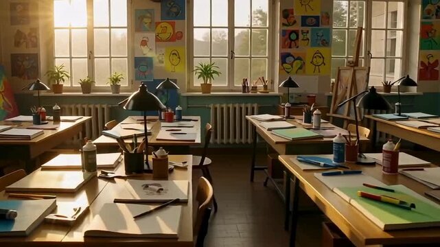Art classroom with open tables, colorful walls, and creative atmosphere