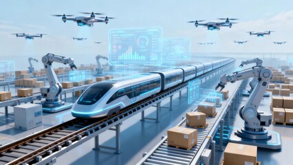 A high-intelligence logistics transportation system that shows the future of mechanized automation, with a fresh light blue color scheme.