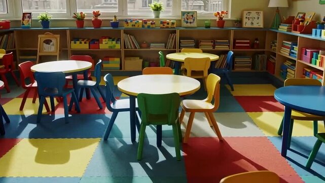 Kindergarten playroom with bright carpets, colorful furniture, and learning tools