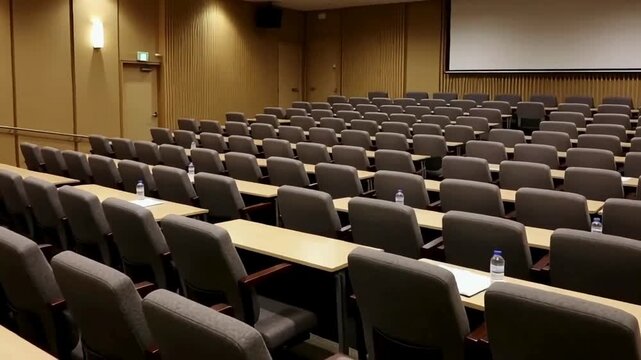 Lecture hall interior with tiered seating, large screen, and neutral palette