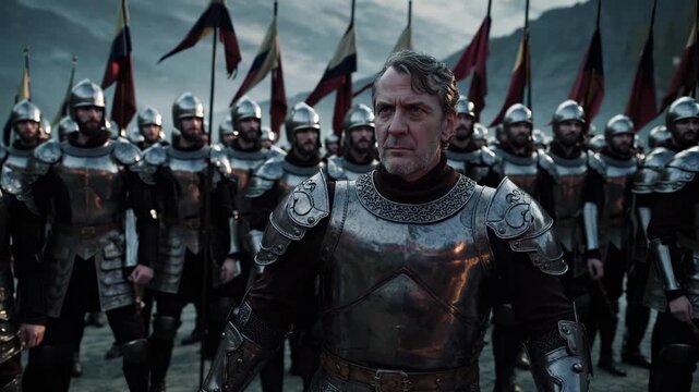 Knights stand in formation with flag. Commander leads knight and soldier in armor. Army of warrior troops watches under medieval banner. Leader gazes forward. Tense military atmosphere. Prepared.