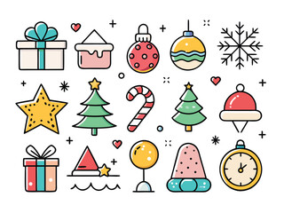 Festive Holiday Icons In A Clean Modern Colorful Hand Drawn Cartoon Style