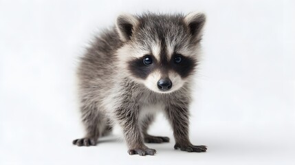 Fototapeta premium A curious young raccoon stands on a clean white background.