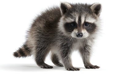 Fototapeta premium Young raccoon stands on white background looking at camera.