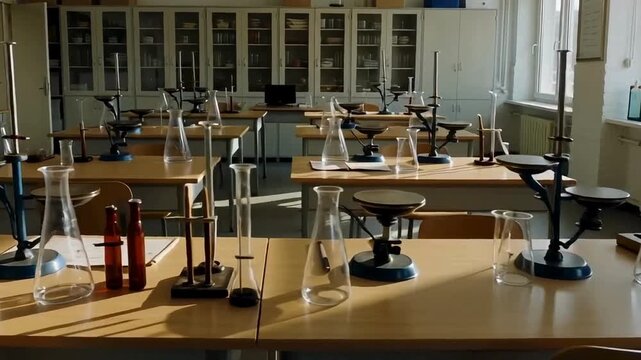 Science classroom interior with white walls, experiment tables, and organized storage