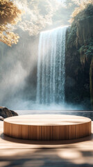 empty round wooden podium, stands on wooden floor in the background in blur mountains with green vegetation from which a waterfall flows