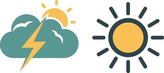 Weather Forecast Icons Predicting Sunny and Stormy Conditions, Ideal for Meteorology, Climate Science, Education, Mobile Apps, and Weather News Design, Modern Vector Illustration Style, Climate Change