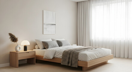A serene bedroom with a wooden bed frame and a bedside table with a lamp and decoration