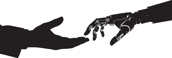 Human and Robot Hand Reaching Out Connection Interaction of Artificial Intelligence with Humanity Black and White Graphic