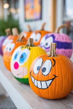Colorful pumpkins painted with cheerful cartoon character designs, arranged on a wooden table, showcasing vibrant colors and playful expressions, perfect for festive autumn decor
