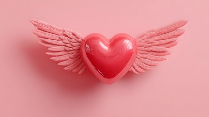 Pink heart with wings rests on a pink background.