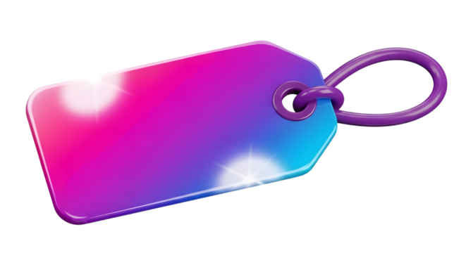 A vibrant, gradientcolored price tag with a purple loop, isolated on a transparent background, perfect for retail or sale promotions