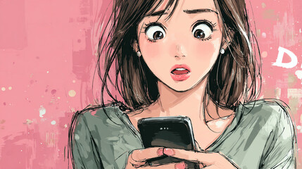 スマートフォンを見て驚く女性イラスト（生成AI）