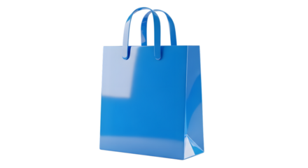 A glossy blue shopping bag with handles, isolated on a transparent background, perfect for retail and ecommerce concepts